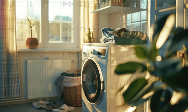 Laundry room interior with washing machine and clothes AI generated