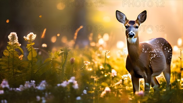 Young deer standing in a field of blooming wildflowers with soft morning light, AI generated