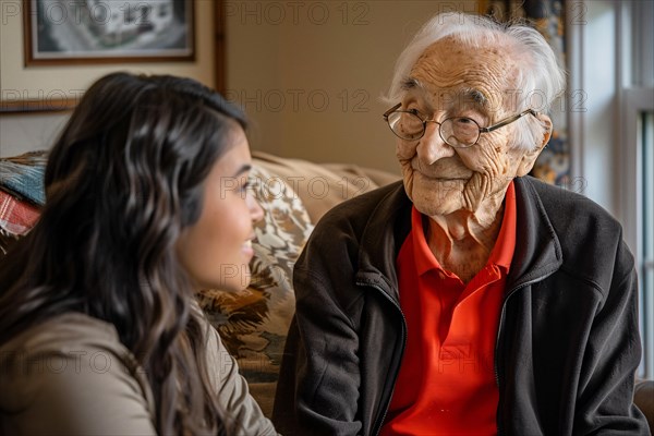 An elderly man sharing a warm, bonding moment in conversation with a young woman, AI generated