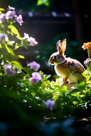 Rabbit in summer garden vibrancy, AI generated