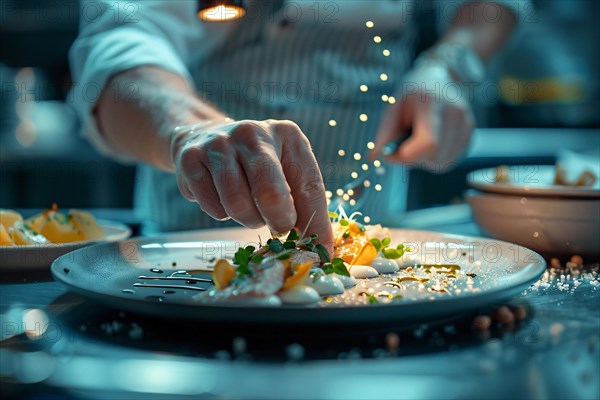 Chef expertly decorating a gourmet dish in a professional kitchen, AI generated