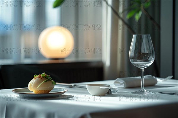 An elegant dinner table setting with modern decor in a peaceful dining environment, AI generated