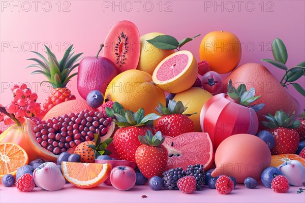 A blend of fresh fruits with pink and orange shades against a soft pink background, illustration, AI generated