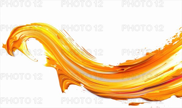 A brush glides across a white canvas. Orange, yellow and red gradient paint stroke. Abstract background AI generated