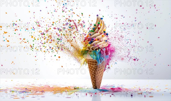 Ice cream cone explosion on white background AI generated