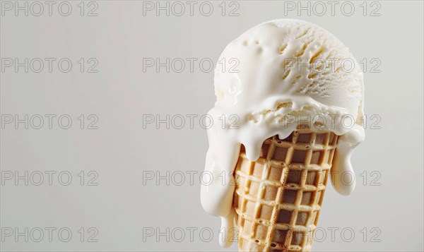 Melting ice cream cone on white background AI generated