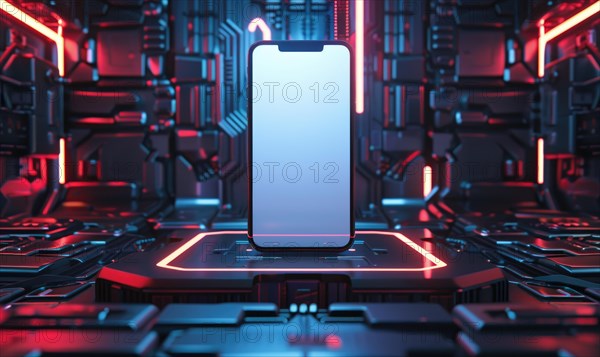 Smartphone mockup with a blank screen on a futuristic technology background AI generated