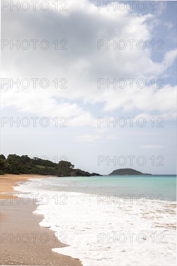 Lonely, wide sandy beach with turquoise-coloured sea. Tropical plants in a bay in the Caribbean sunshine. Plage de Cluny, Basse Terre, Guadeloupe, French Antilles, North America