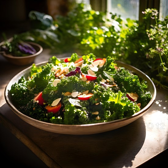Hearty kale and almond salad glistens under the morning sun inside a sun drenched greenhouse, AI generated