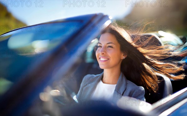 Young woman driving open-top in blue convertible with blowing hair, AI generated, AI generated