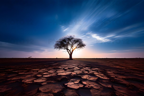 Lone tree exhibiting resilience in a barren deforestation landscape, AI generated