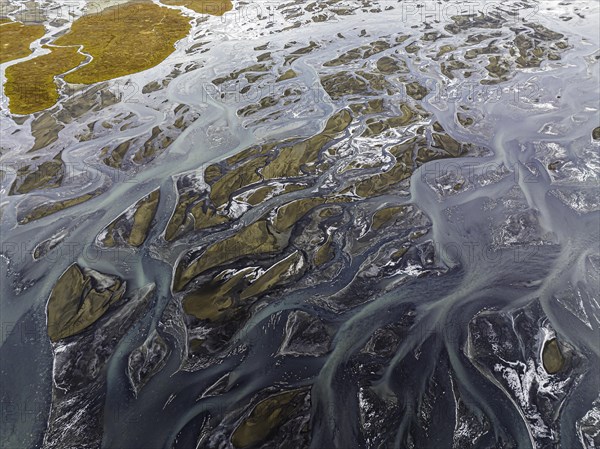 Overgrown river landscape, Eldhraun, near Kirkjubaejarklaustur, drone image, Sudurland, Iceland, Europe