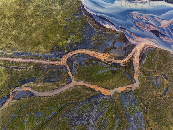 Overgrown mineralised river landscape, drone image, Landeyjasandur, Sudurland, Iceland, Europe