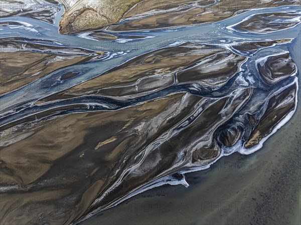 Overgrown river landscape, drone shot, Fjallabak Nature Reserve, Sudurland, Iceland, Europe