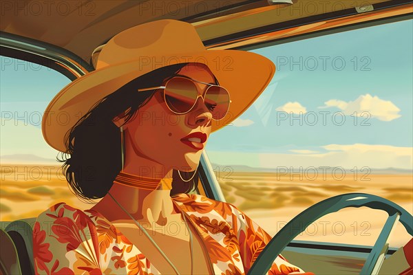 Stylish woman wearing sunglasses and a hat driving a car through the desert, illustration, AI generated