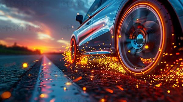 Close-up of a car tire on asphalt, creating sparks and showing motion blur at twilight, low ultra wide angle, AI generated