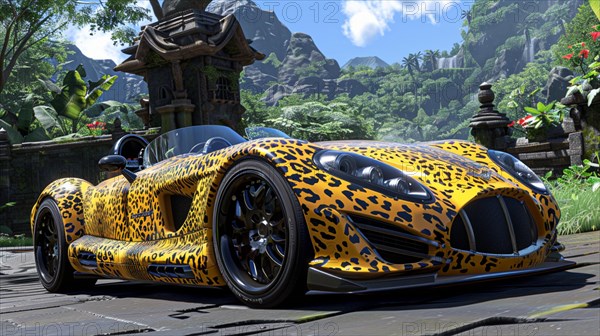 Leopard print racing car in a tropical setting with ancient temple architecture and lush greenery, AI generated