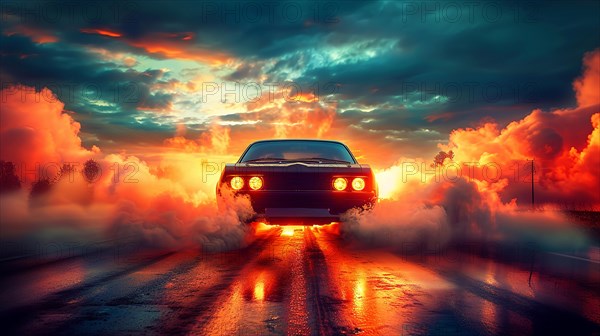 Classic muscle car burnong rubber, drifting and driving towards the viewer with dramatic fiery sky, low angle view, ultra wide lens, AI generated