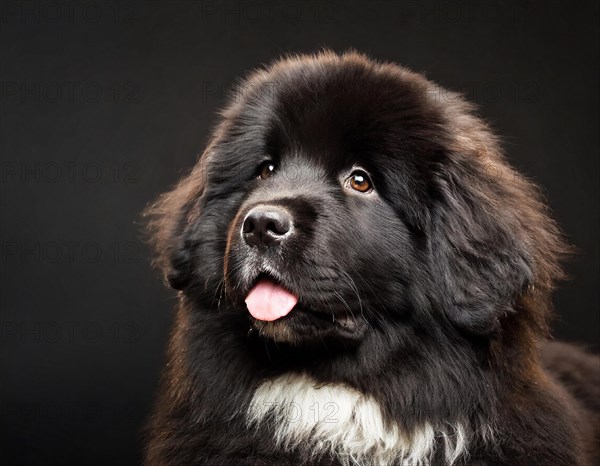 Dog, Newfoundland black, portrait, head only, puppies, dark background, AI generated, AI generated