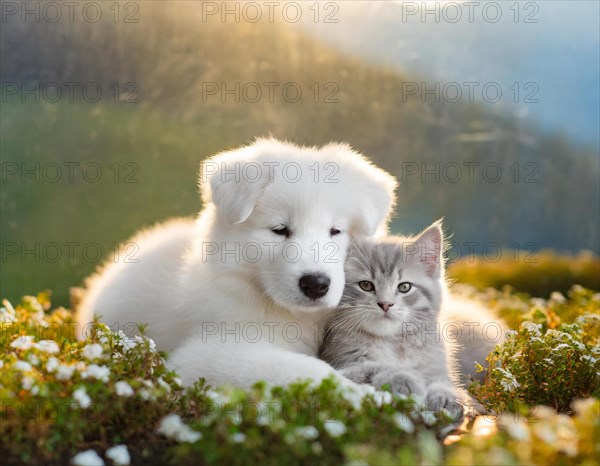 Dog, puppies of a white shepherd dog cuddling with a young white cat, AI generated, AI generated