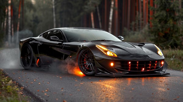Black sports supercar parked in a dark forest with custom exhaust smoking flames and orange glowing lights, AI generated