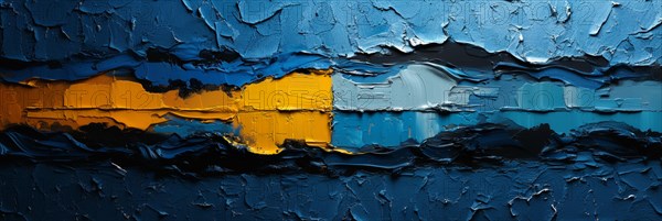 Oil painting with a crackled texture on a dark background featuring blue and yellow, banner 3:1 wide style, horizontal aspect ratio, AI generated