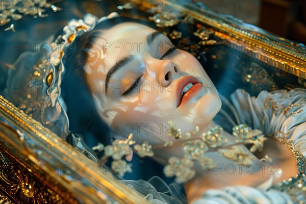 Close up of beautiful Snow White woman sleeping in glass coffin. KI generiert, generiert, AI generated