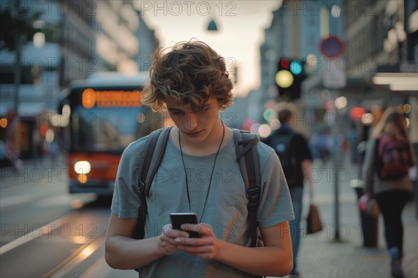 Pupil looking at his smartphone at a bus stop, symbolic image for accident risk due to media distraction in road traffic, AI generated, AI generated, AI generated