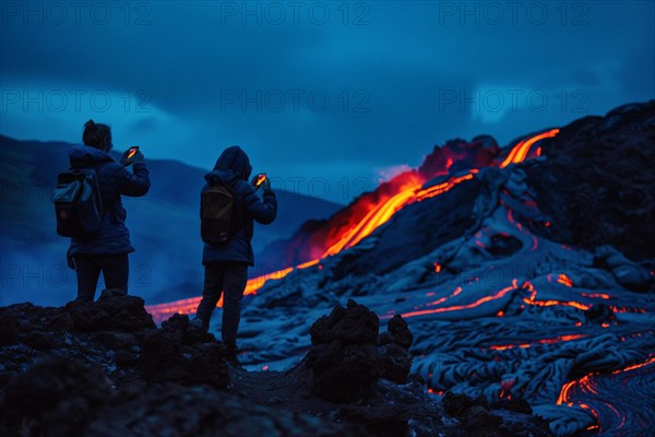 Tourists, onlookers photograph a spectacular volcanic landscape with liquid, partially cooled lava flows with their smartphones, symbolic image for volcano tourism, disaster tourism, travel trends and the associated dangers, AI generated, AI generated, AI generated