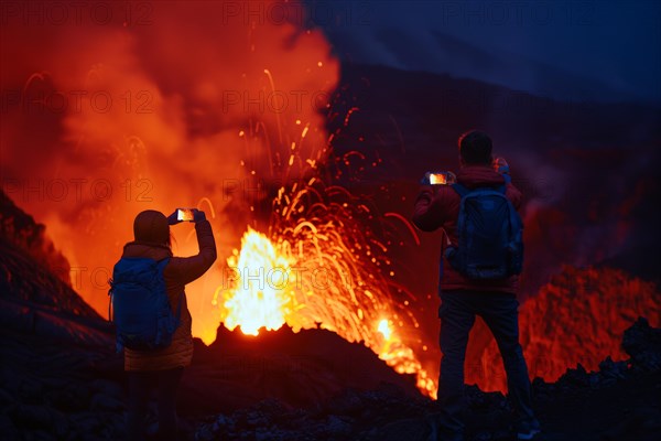 Tourists, onlookers photograph a spectacular volcanic landscape with liquid, partially cooled lava flows with their smartphones, symbolic image for volcano tourism, disaster tourism, travel trends and the associated dangers, AI generated, AI generated, AI generated