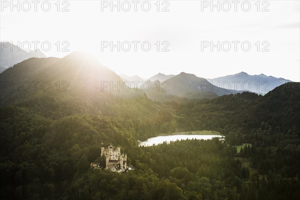 Hohenschwangau Castle, foehn storm, sunset, near Fuessen, Ostallgaeu, Allgaeu, Bavaria, Germany, Europe