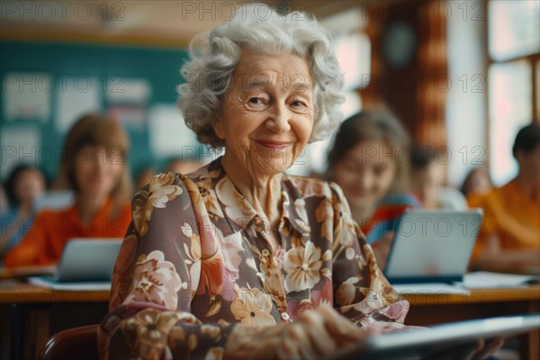 A woman of advanced age, senior citizen, sitting with a digital tablet in a course room, training room, symbol image, digital teaching, learning environment, adult education centre, course, training course, learning in old age, media skills in old age, eLearning, media education, AI generated, AI generated, AI generated