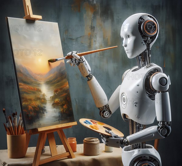 A humanoid robot paints a landscape with brush and paint, symbolic image cybernetics, robotics, art, artificial intelligence, painting AI generated, AI generated