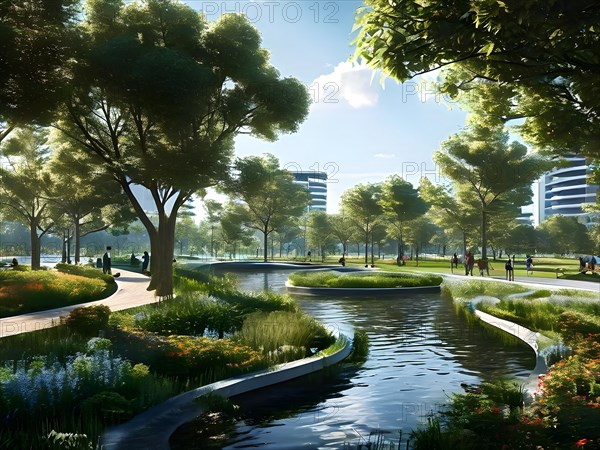 Concept of city park with integrated flood mitigation system water channels and reservoir, AI generated