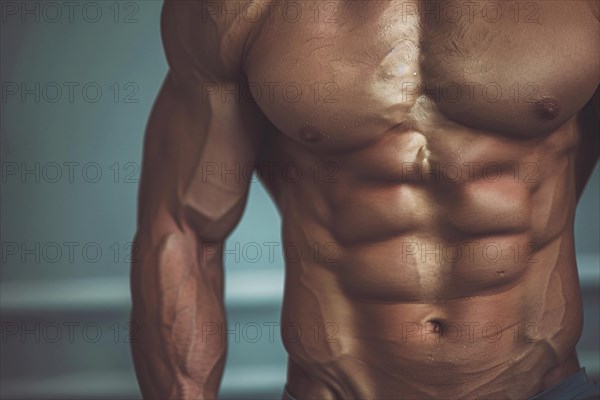 Close up of stomach abs on muscular well trained man. KI generiert, generiert, AI generated