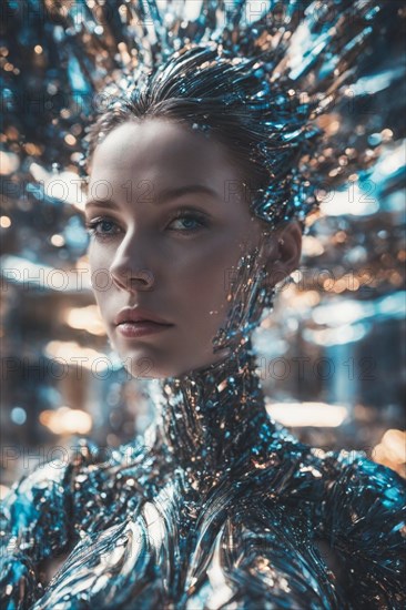 Fashion-forward image of a woman in a glittery outfit with cool blue lighting highlighting sharp features, ray tracing 3d sculpture, AI generated