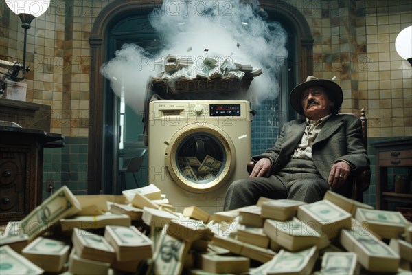 A man in an elegant suit sits relaxed on a chair, surrounded by an overloaded and smoking washing machine, bundles of banknotes lying in front of it, symbolising money laundering, illegally obtained money, AI generated, AI generated, AI generated