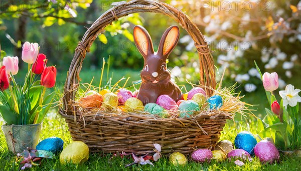 A basket with a chocolate Easter bunny and coloured eggs, surrounded by nature, symbol Easter, AI generated, AI generated