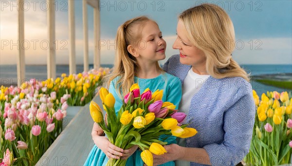 A girl and a woman smile at each other while holding a colourful bouquet of tulips, symbol of Mother's Day, AI generated, AI generated