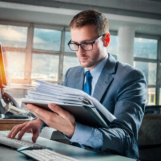 A man in glasses reads files in the office and works on the computer at the same time, symbolism bureaucracy, AI generated, AI generated