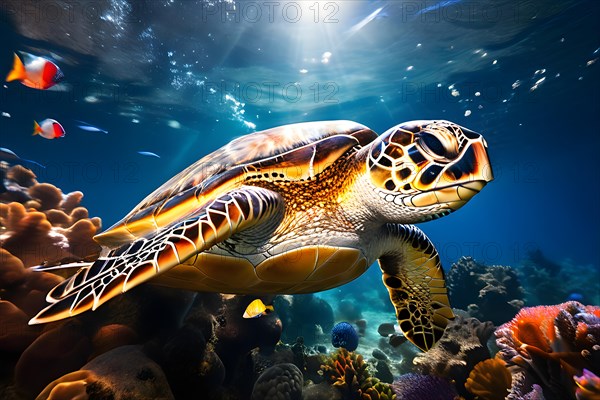 Sea turtle swimming in vibrant reef, AI generated, deep sea, fish, squid, bioluminescent, glowing, light, water, ocean