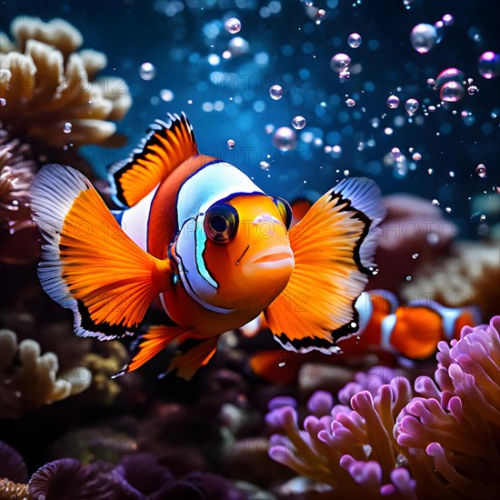 Vibrant clownfish darting through anemones, AI generated, deep sea, fish, squid, bioluminescent, glowing, light, water, ocean