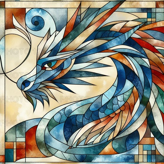 Dynamic abstract mosaic of a dragon with geometric patterns in blue and orange, square aspect, AI generated