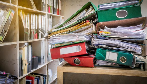 A bookshelf overflowing with piles of files, showing disorganisation in a study, symbol bureaucracy, AI generated, AI generated