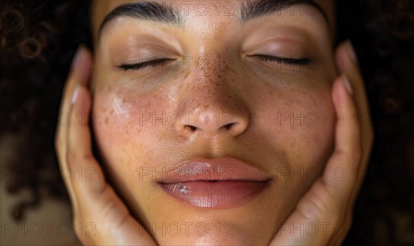 Close-up of a serene woman with freckles, eyes closed, hands gently placed on her face AI generated