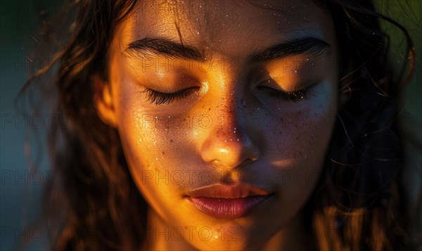 Close-up of a sun-kissed woman with wet skin, closed eyes, feeling peaceful AI generated