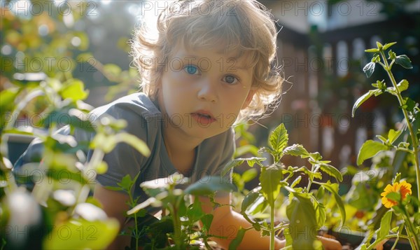 A close-up of a child with big, expressive eyes in a sunlit garden filled with green plants AI generated
