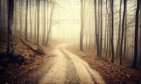A dirt road cuts through a foggy forest bathed in warm light AI generated