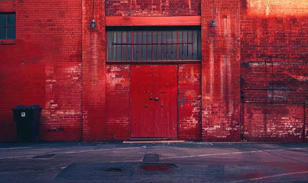 A smaller red door within a shadowed section of a red brick industrial wall AI generated