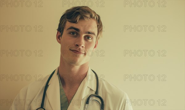 A young healthcare professional in light-colored attire and a stethoscope exudes a subtle confident smile AI generated